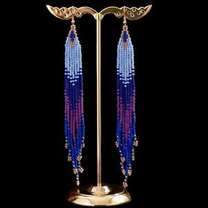 Blue and Purple Gradient Beaded Tassel Dangle Earrings. New.